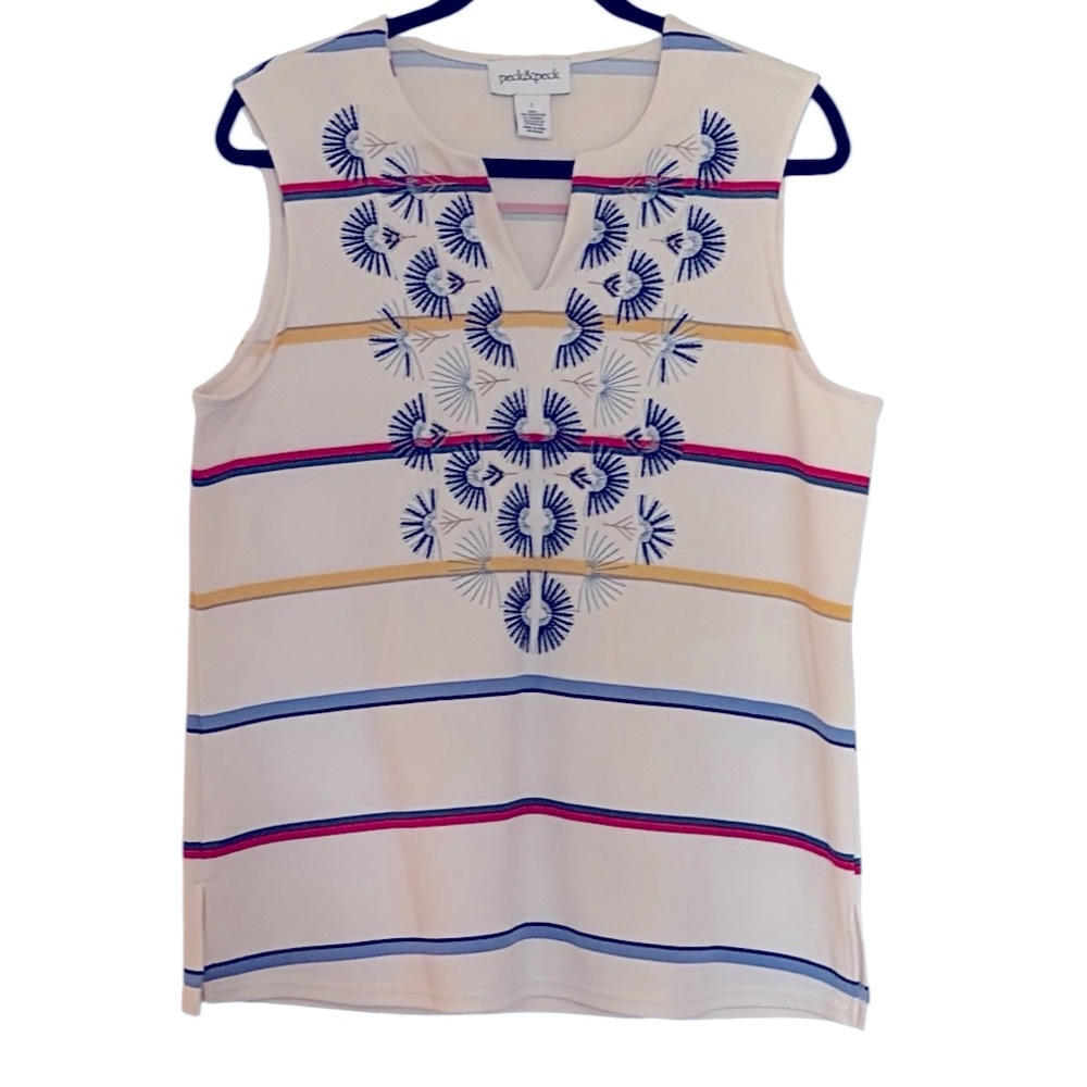 Peck & Peck white top with yellow/red/blue stripes , blue line print, L